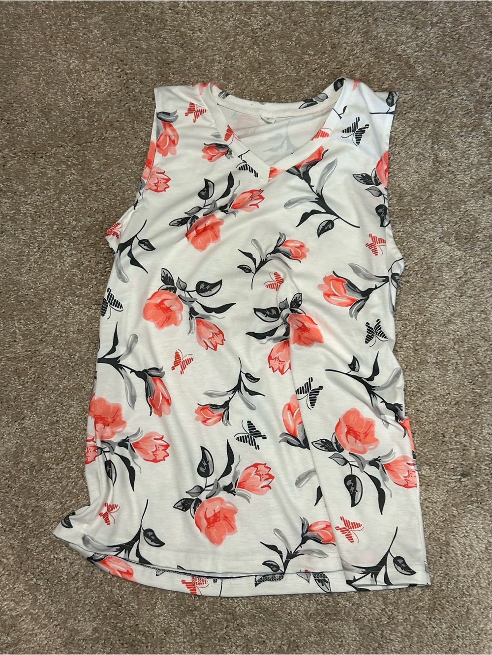 Floral Sleeveless V-Neck Top in Coral and White